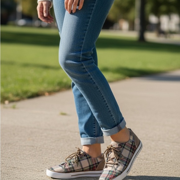 Plaid Pink and Brown Women's Sneakers - Picture 2 of 9